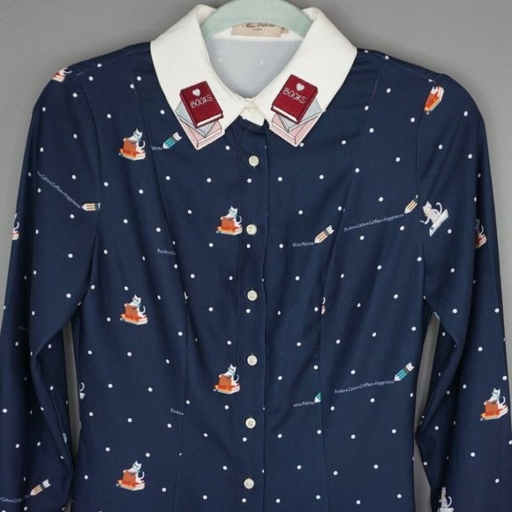 Miss Patina Kiterture Books Cat Kitten Dress in Navy size Small Excellent Condit - Picture 6 of 15